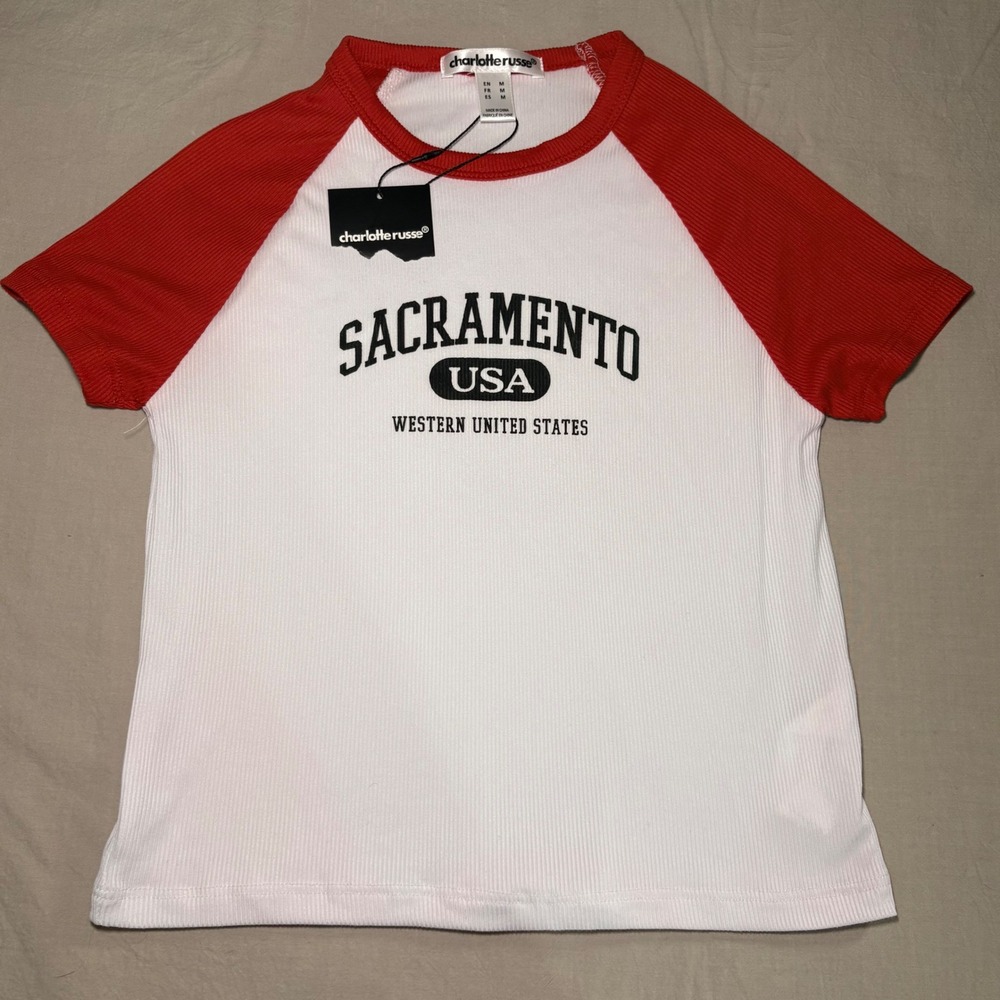 Charlotte‎ Russe Sacramento USA Raglan Baby Tee Red White Ribbed Graphic Shirt M